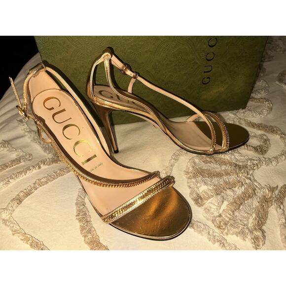 Gucci Sylvie 95mm Chain Link Evening Sandals Women's Shoes Sz 38 Rose Gold GUC - Picture 1 of 16